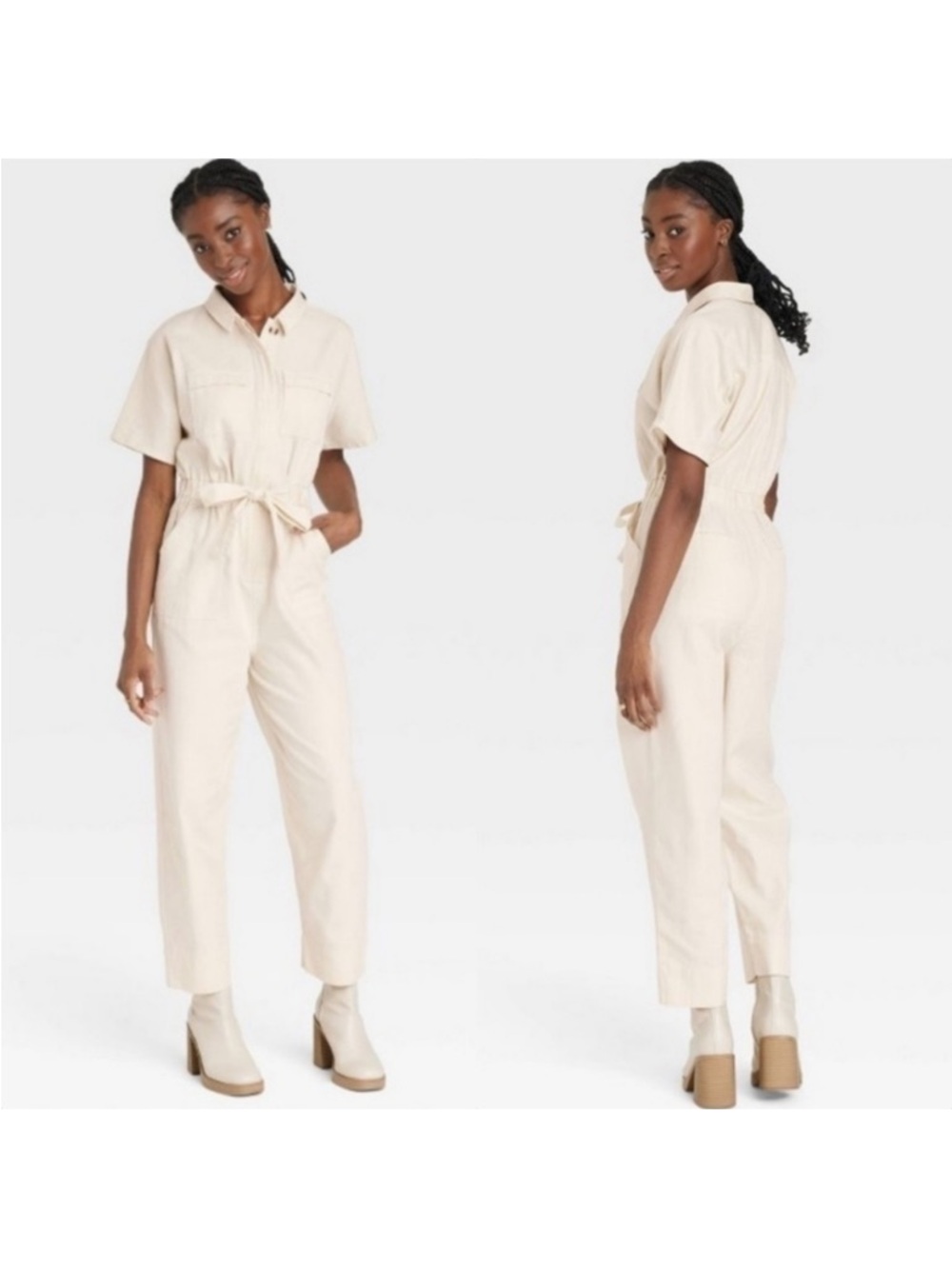 Women's Short-Sleeve Cream Utility Jumpsuit